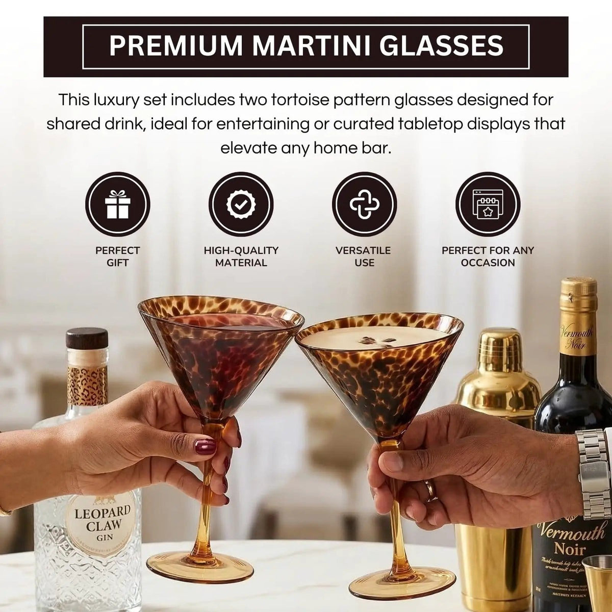 Tortoise Leopard Print Martini 9oz -, 7.1" Spotted Borosilicate Cocktail | 9 oz | Set of 2 | Glass