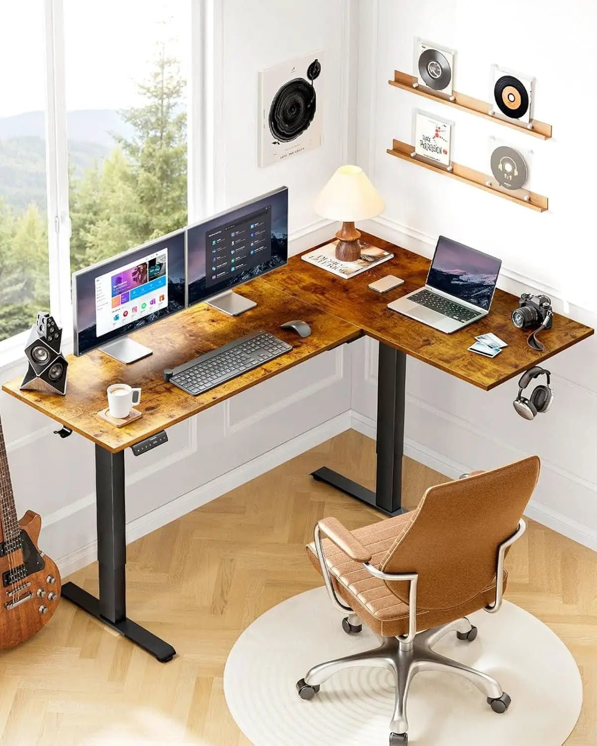 71x48 Inch L Shaped Electric Dual Motor Standing Desk Brown from PriceLows™