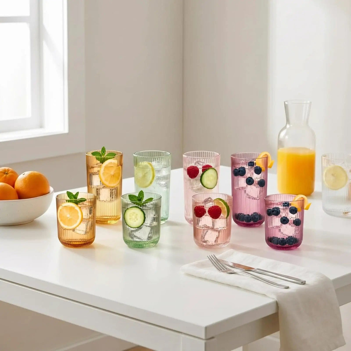 Ribbed Glasses - 4 Highball Glasses & 4 Lowball | 12.85 oz | Set of 8 | Drinkware Set