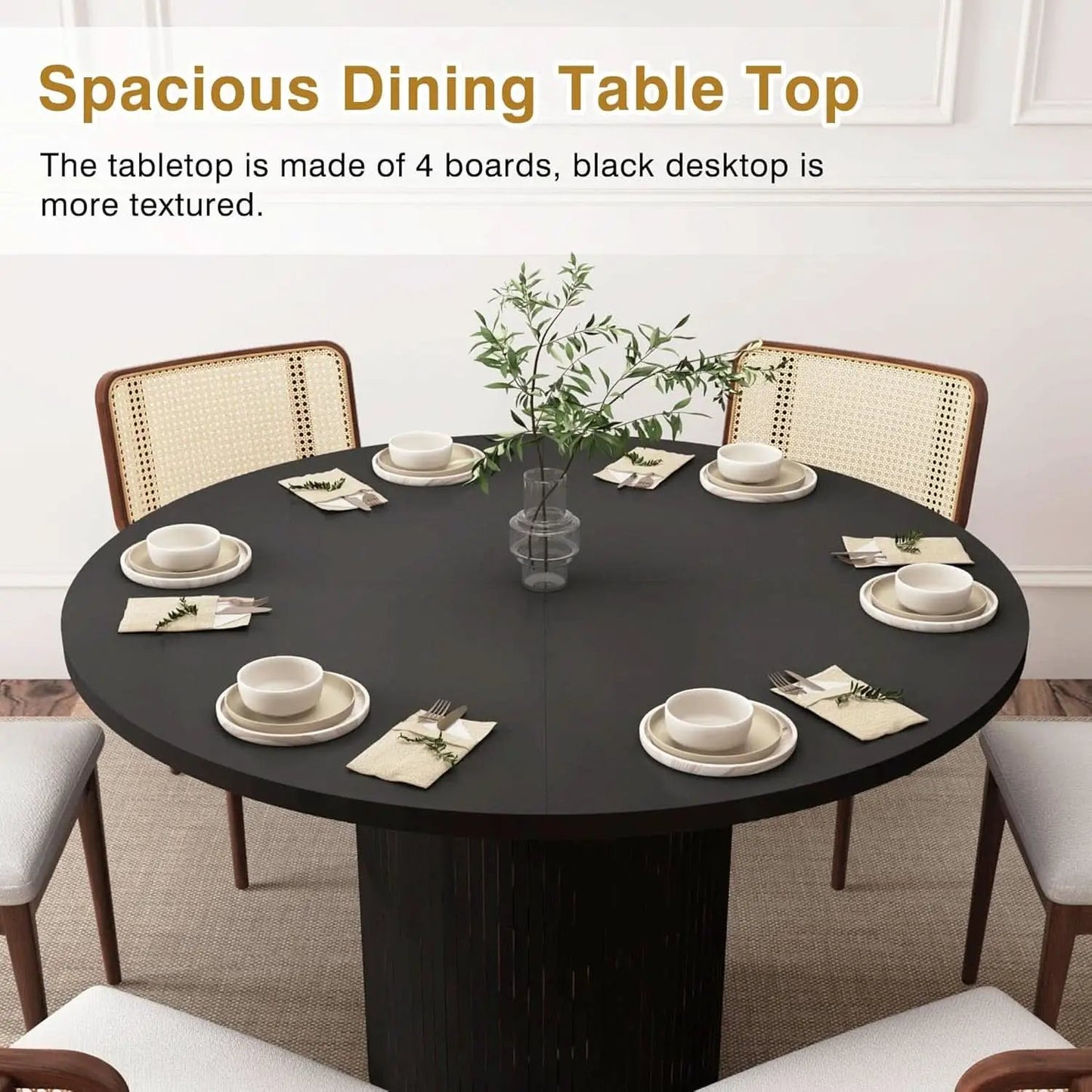 Round Dining Table For 4 47 Inch Black Wood Strip Base Kitchen Table from PriceLows™