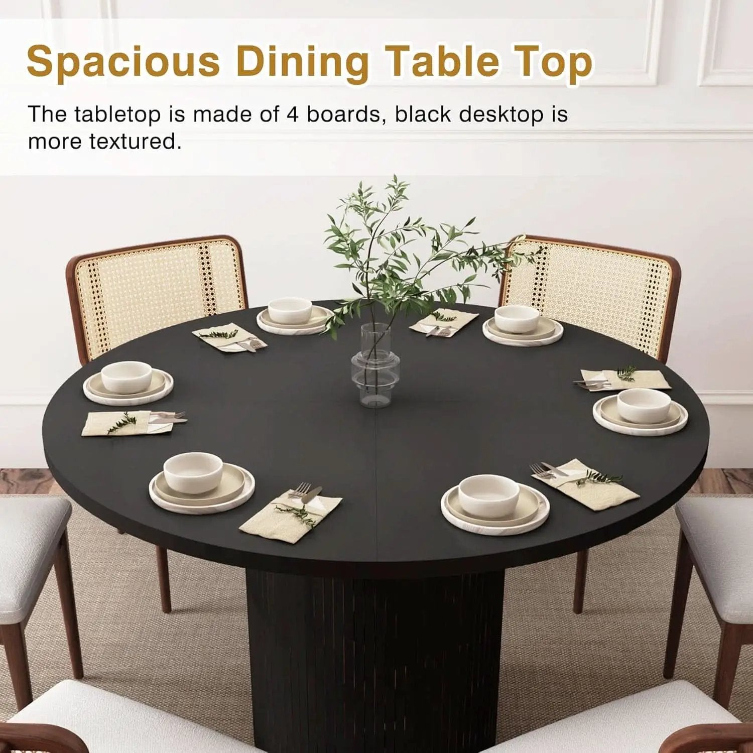 Round Dining Table For 4 47 Inch Black Wood Strip Base Kitchen Table from PriceLows™