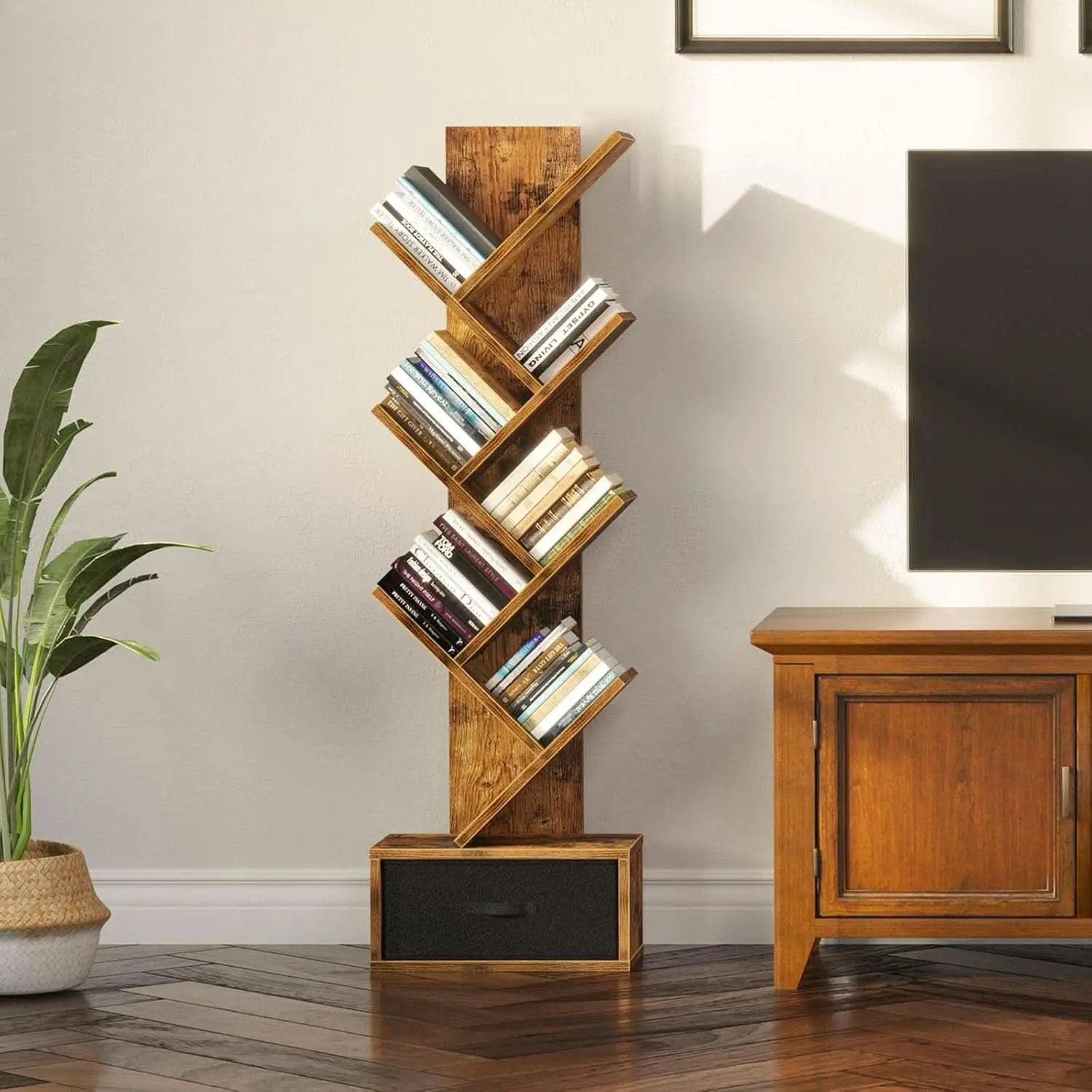 Rustic Brown 7 Shelf Tree Bookshelf With Drawer Living Room from PriceLows™