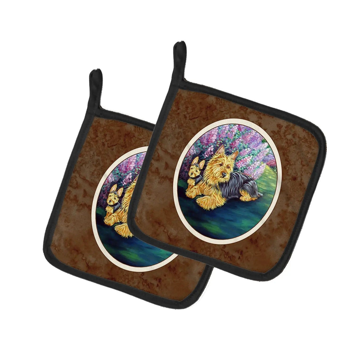 Pot Holder Set of 2 | Heat Resistant Quilted Hot Pads | 7.5 x 7.5 Inch | Australian Terrier and Puppy
