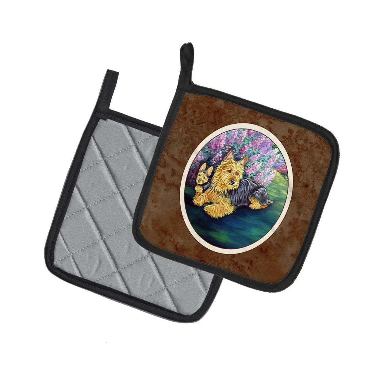 Pot Holder Set of 2 | Heat Resistant Quilted Hot Pads | 7.5 x 7.5 Inch | Australian Terrier and Puppy