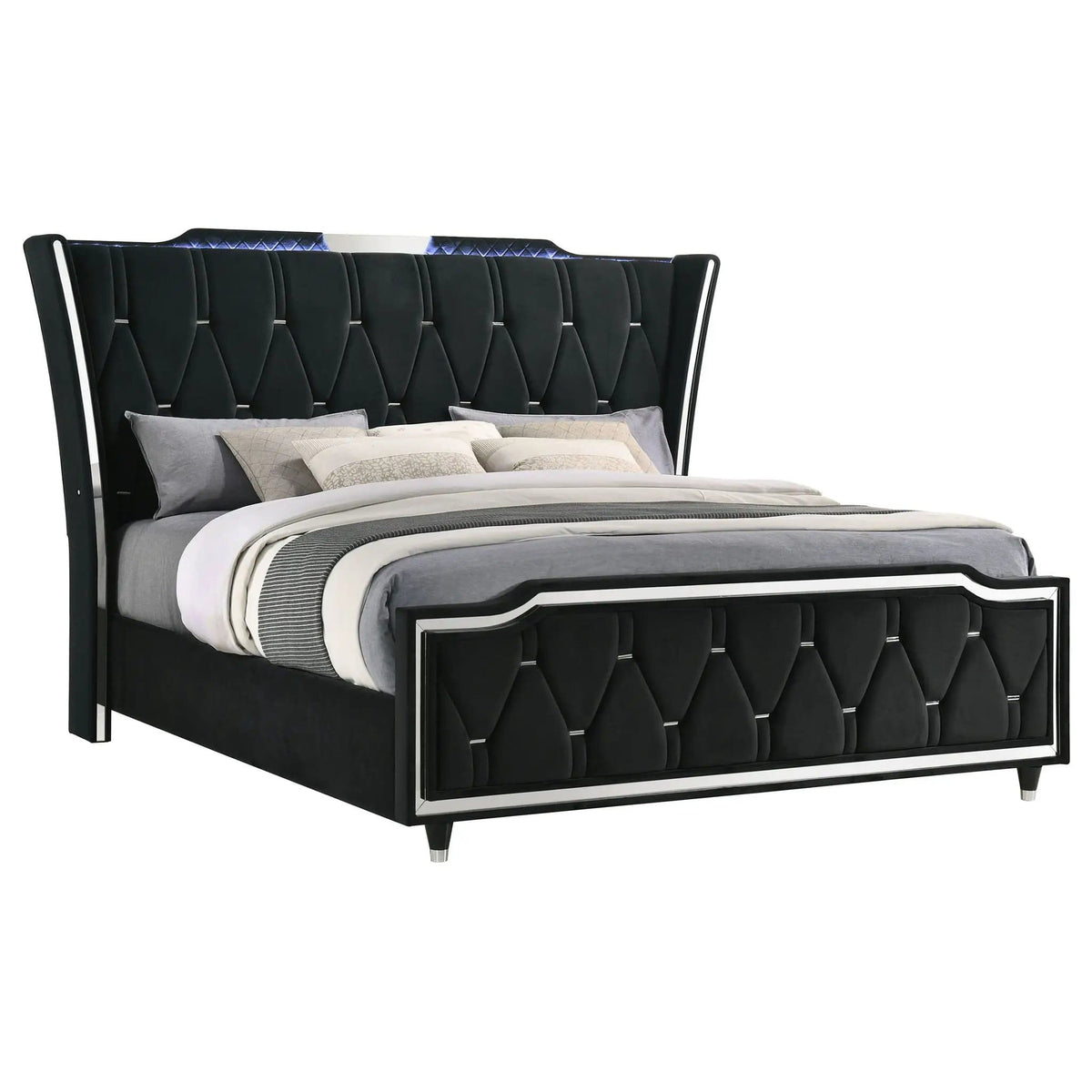 Lorient Eastern King LED Upholstered Bed | 95.5 x 92.5 x 63.25 in | Rubberwood & Engineered Wood | Black