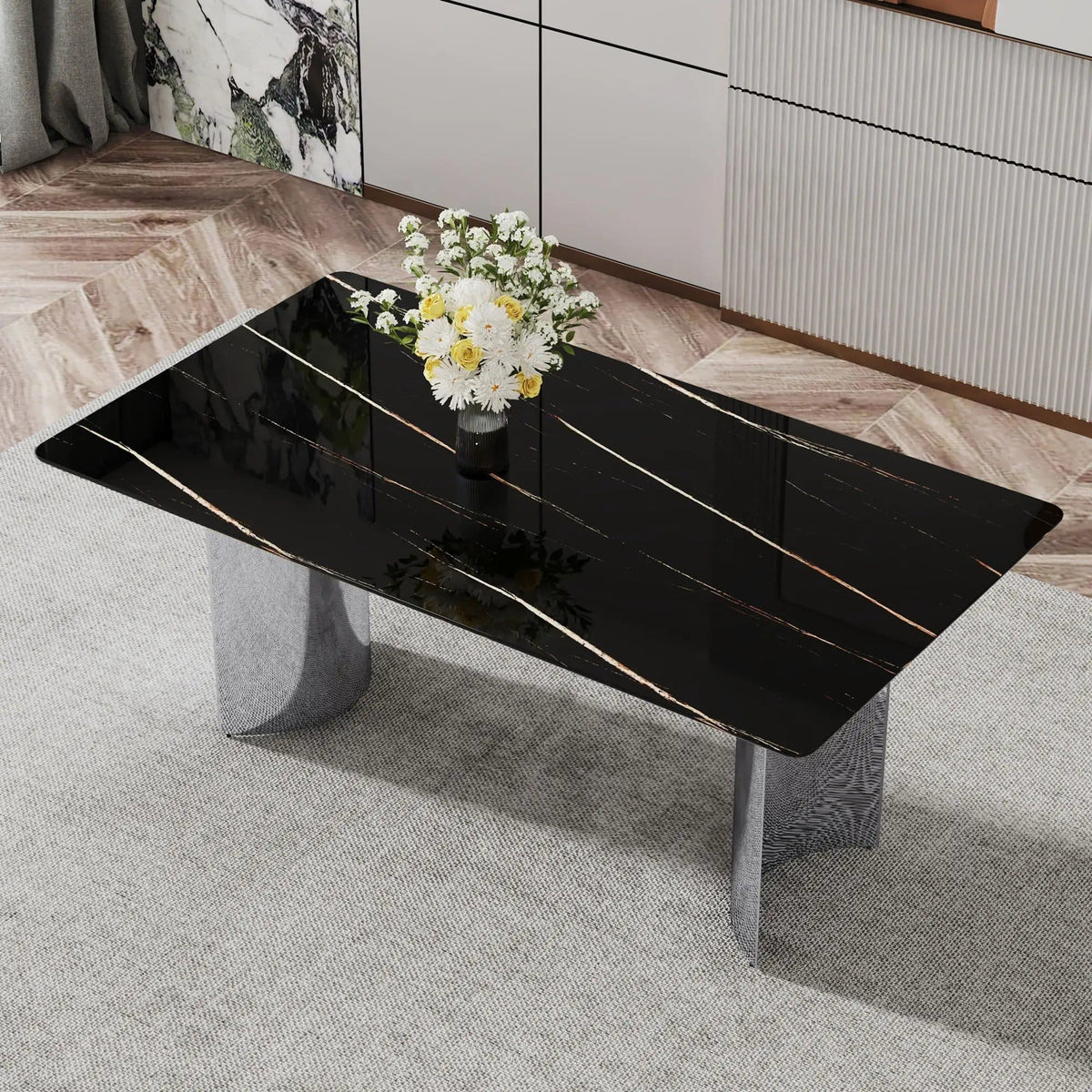 Modern Minimalist Dining Table With Marble Glass Top | 71 x 39.3 x 29.5 in | Marble & Glass | Dining Room