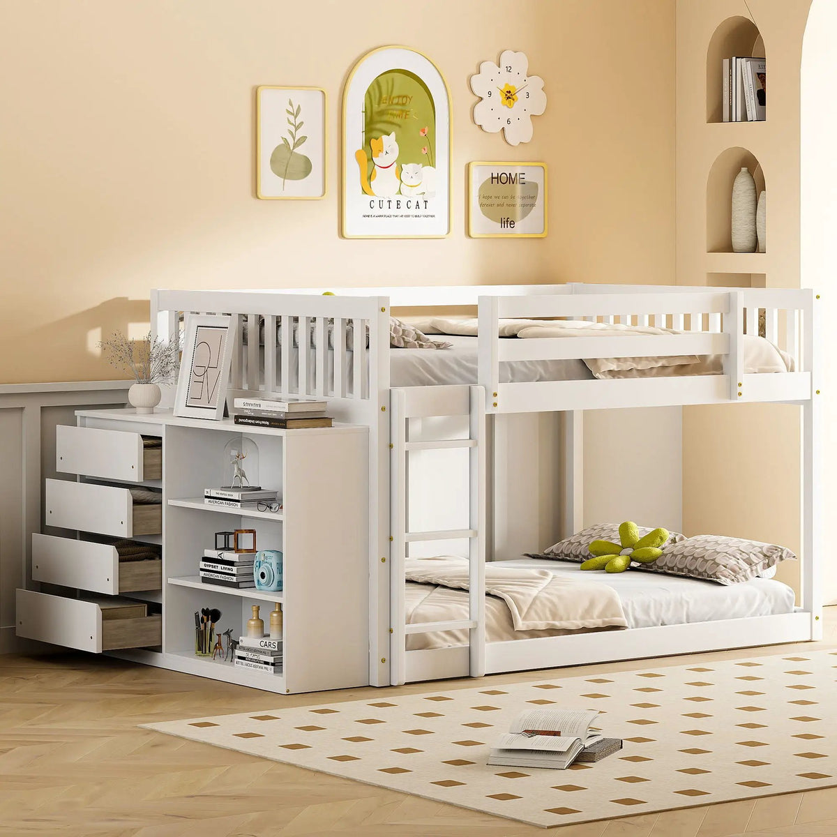 Bunk Bed | Solid Pine Frame | Four Drawers And Three Shelves | Full Size