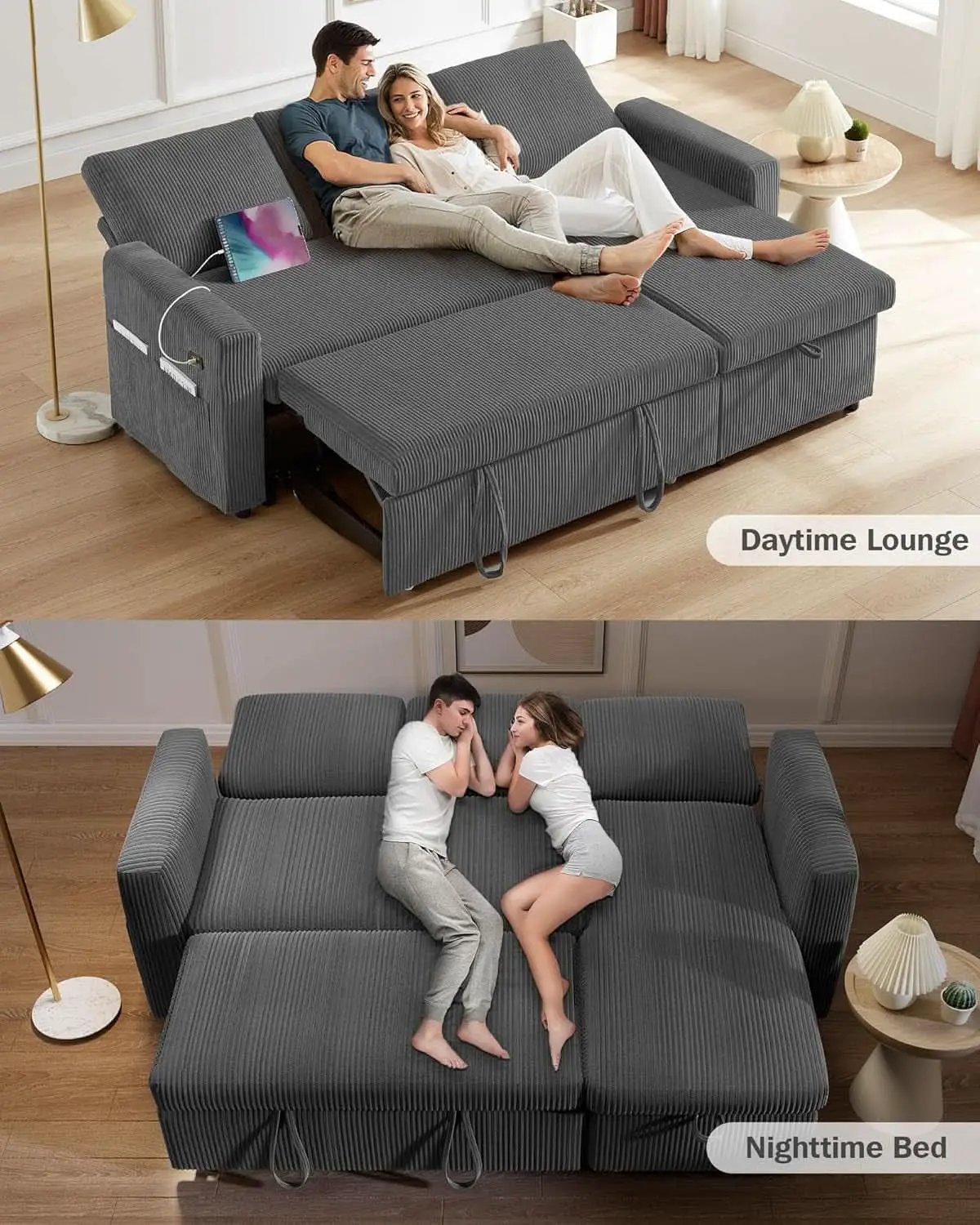 81 Inch Corduroy Velvet GreyTone Sleeper Sofa Pullout from PriceLows™