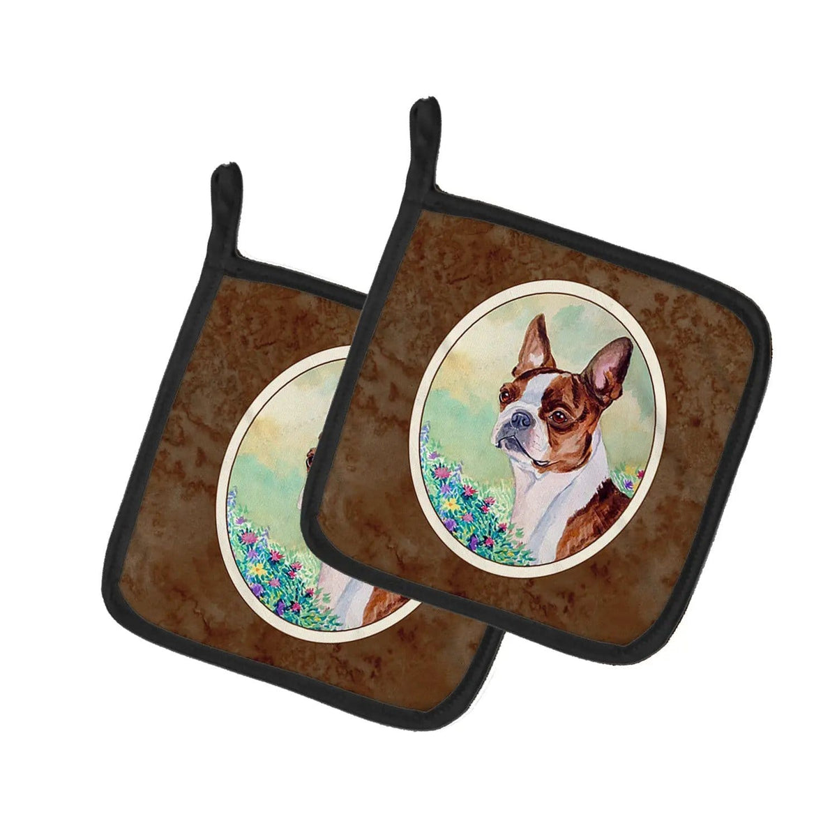 Pot Holder Set of 2 | Heat Resistant Quilted Hot Pads | 7.5 x 7.5 Inch | Red and White Boston Terrier