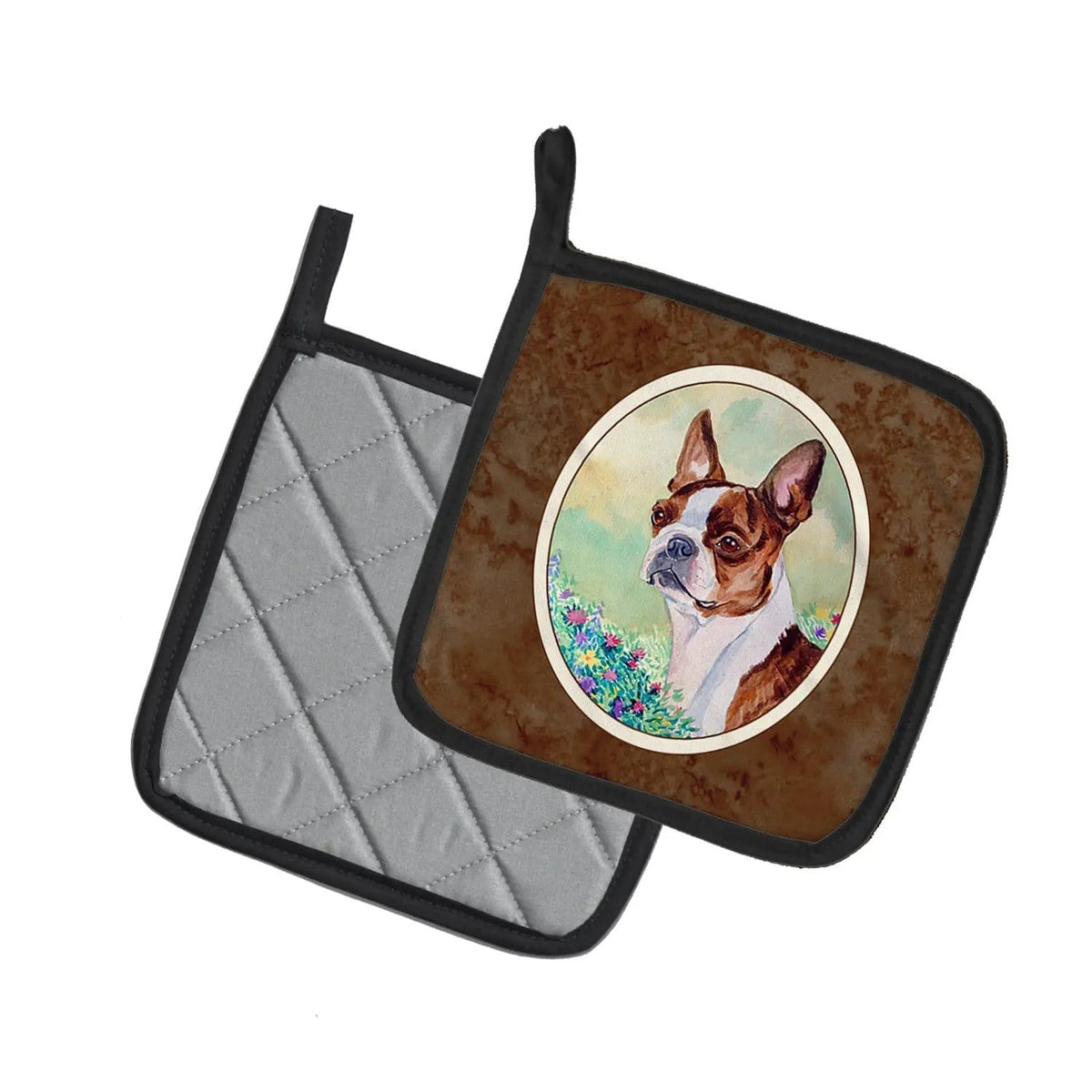 Pot Holder Set of 2 | Heat Resistant Quilted Hot Pads | 7.5 x 7.5 Inch | Red and White Boston Terrier