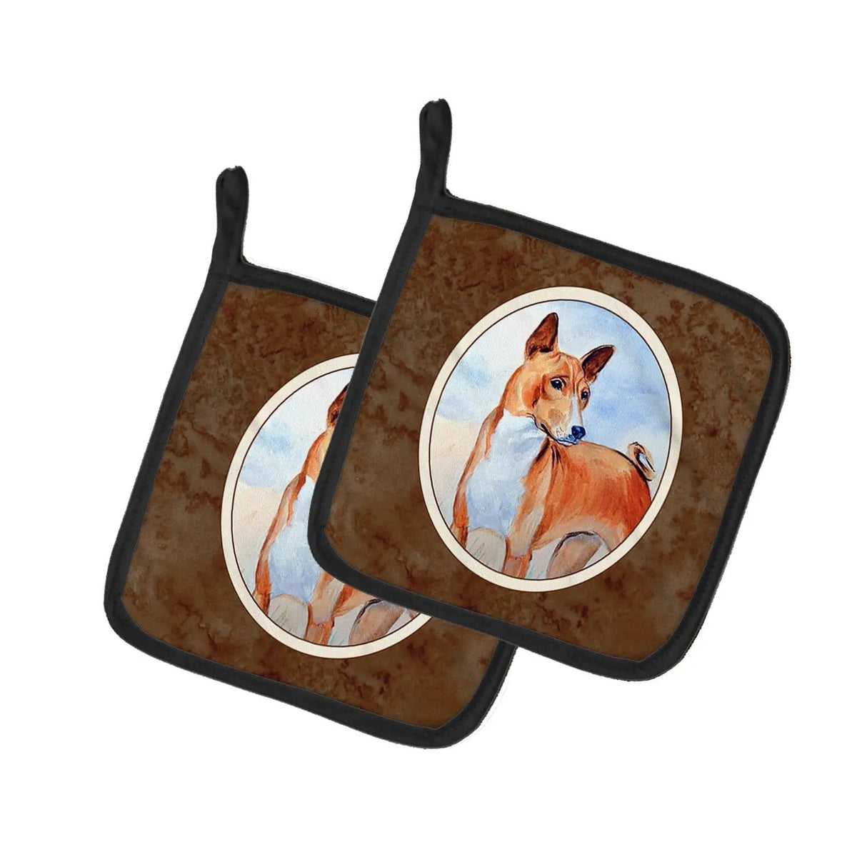 Pot Holder Set of 2 | Heat Resistant Quilted Hot Pads | 7.5 x 7.5 Inch | Red and White Basenji