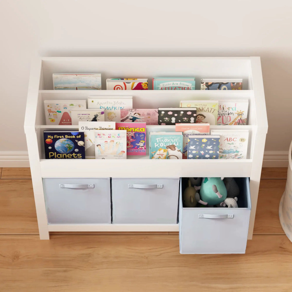 Kids Bookshelf | 3 Tier Front Facing | 3 Fabric Bins | White