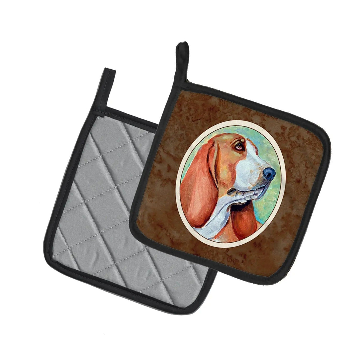 Pot Holder Set of 2 | Heat Resistant Quilted Hot Pads | 7.5 x 7.5 Inch | Basset Hound (Style 5)