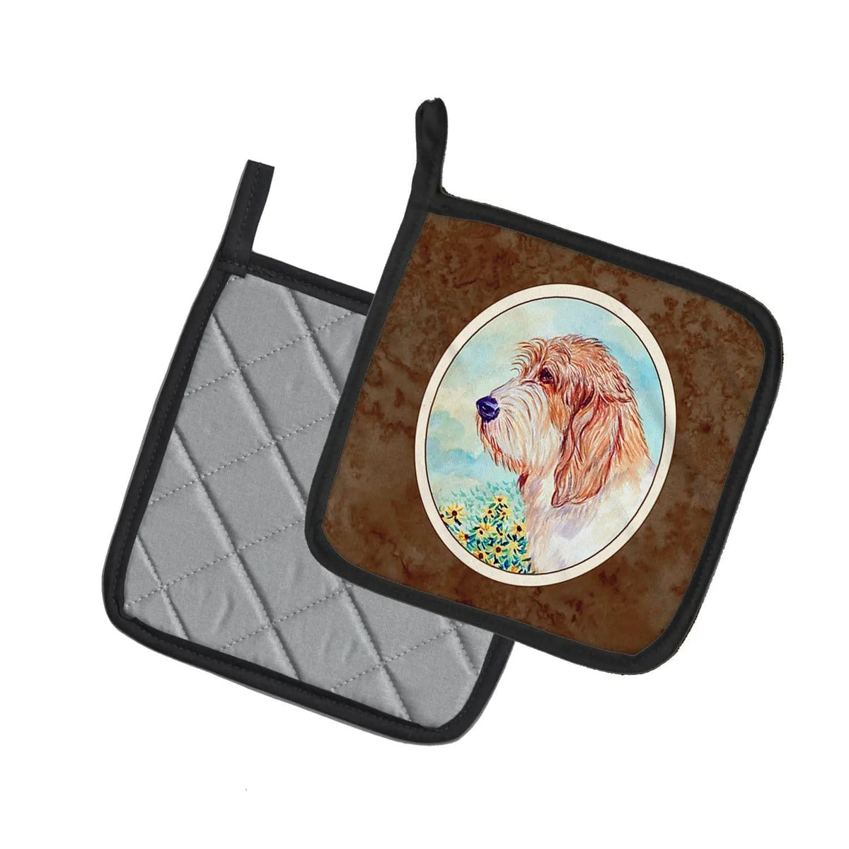 Pot Holder Set of 2 | Heat Resistant Quilted Hot Pads | 7.5 x 7.5 Inch | Petit Basset Griffon Vendeen PBGV