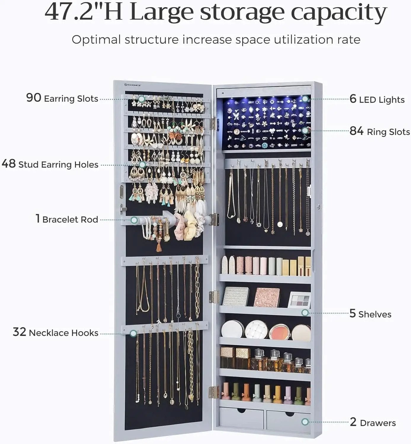 47.2 Inch Tall Lockable Jewelry Cabinet With Mirror Gray from PriceLows™
