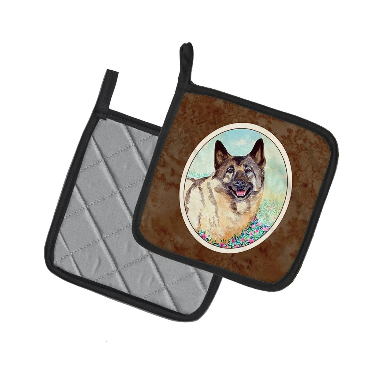 Pot Holder Set of 2 | Heat Resistant Quilted Hot Pads | 7.5 x 7.5 Inch | Norwegian Elkhound (Style 2)