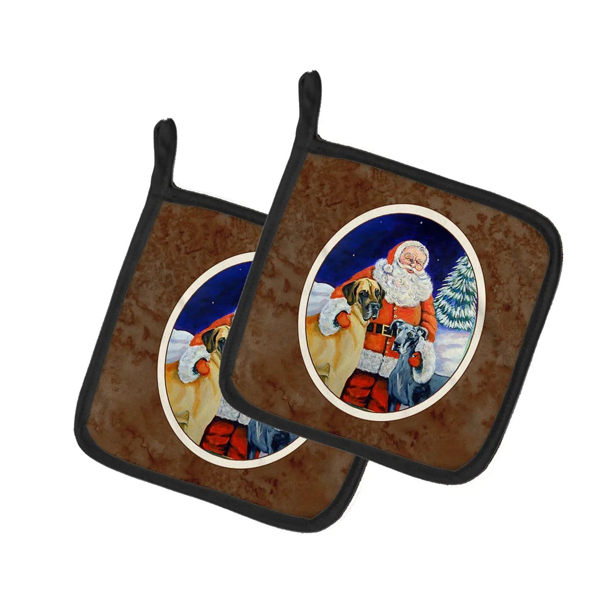 Pot Holder Set of 2 | Heat Resistant Quilted Hot Pads | 7.5 x 7.5 Inch | Santa Claus with Great Dane