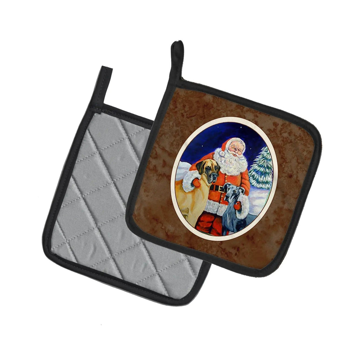 Pot Holder Set of 2 | Heat Resistant Quilted Hot Pads | 7.5 x 7.5 Inch | Santa Claus with Great Dane