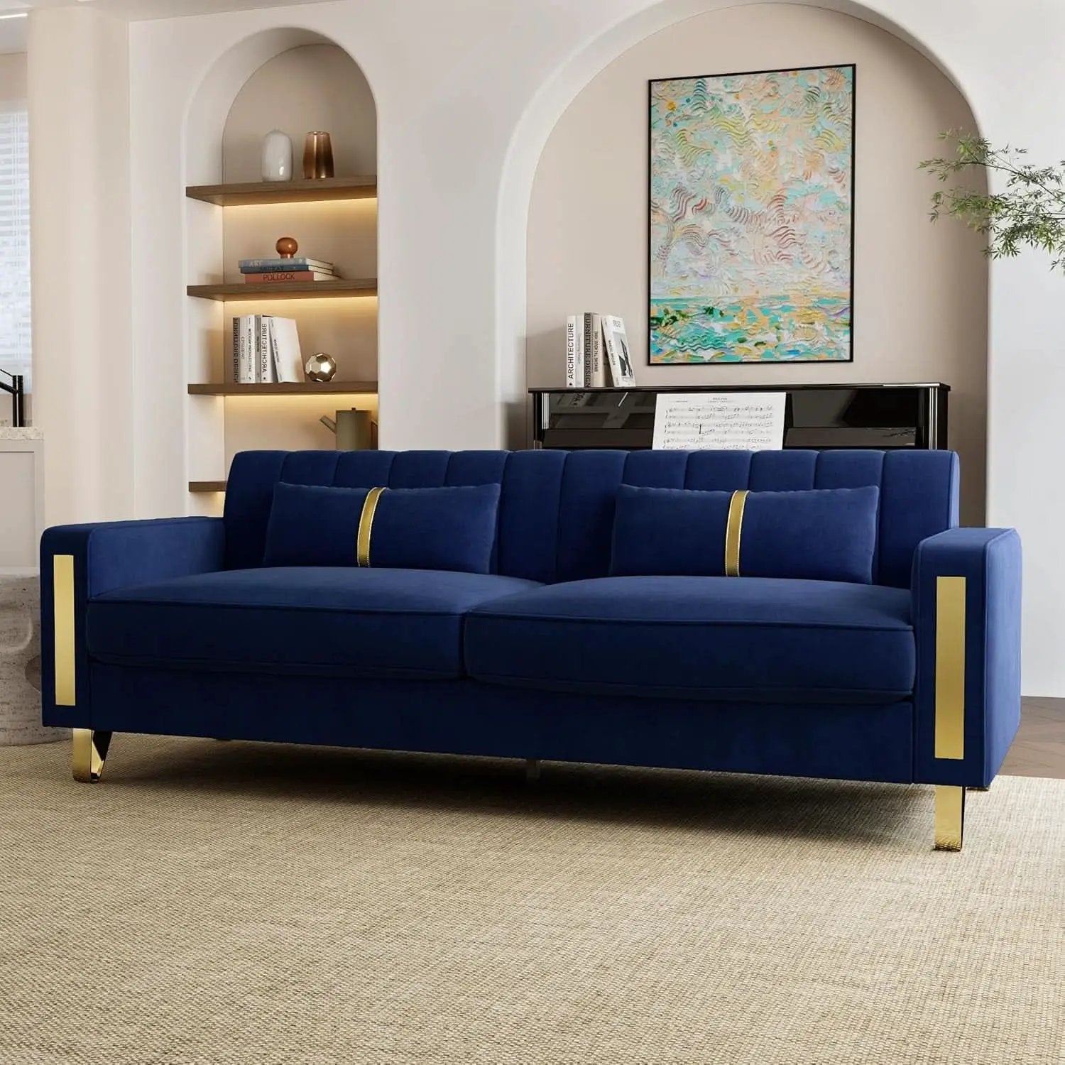 2 Piece Velvet Loveseat Sofa Set For Living Room 86 Inch Blue With Gold Metal Legs And 4 Pillows from PriceLows™