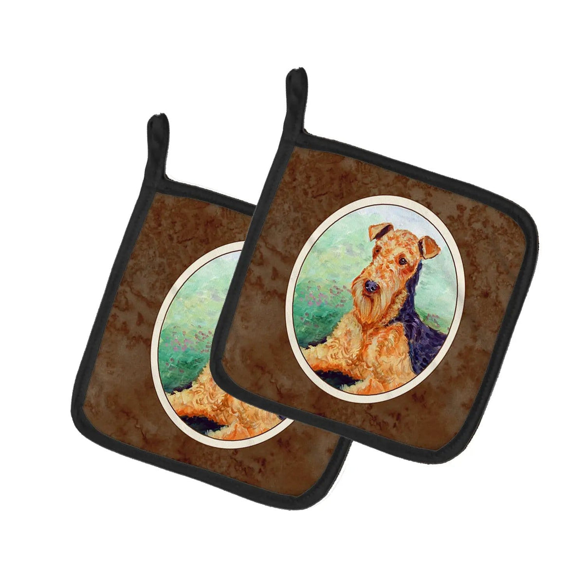 Pot Holder Set of 2 | Heat Resistant Quilted Hot Pads | 7.5 x 7.5 Inch | Airedale Terrier (Style 2)