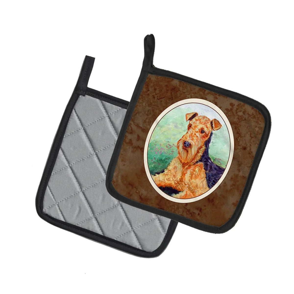 Pot Holder Set of 2 | Heat Resistant Quilted Hot Pads | 7.5 x 7.5 Inch | Airedale Terrier (Style 2)