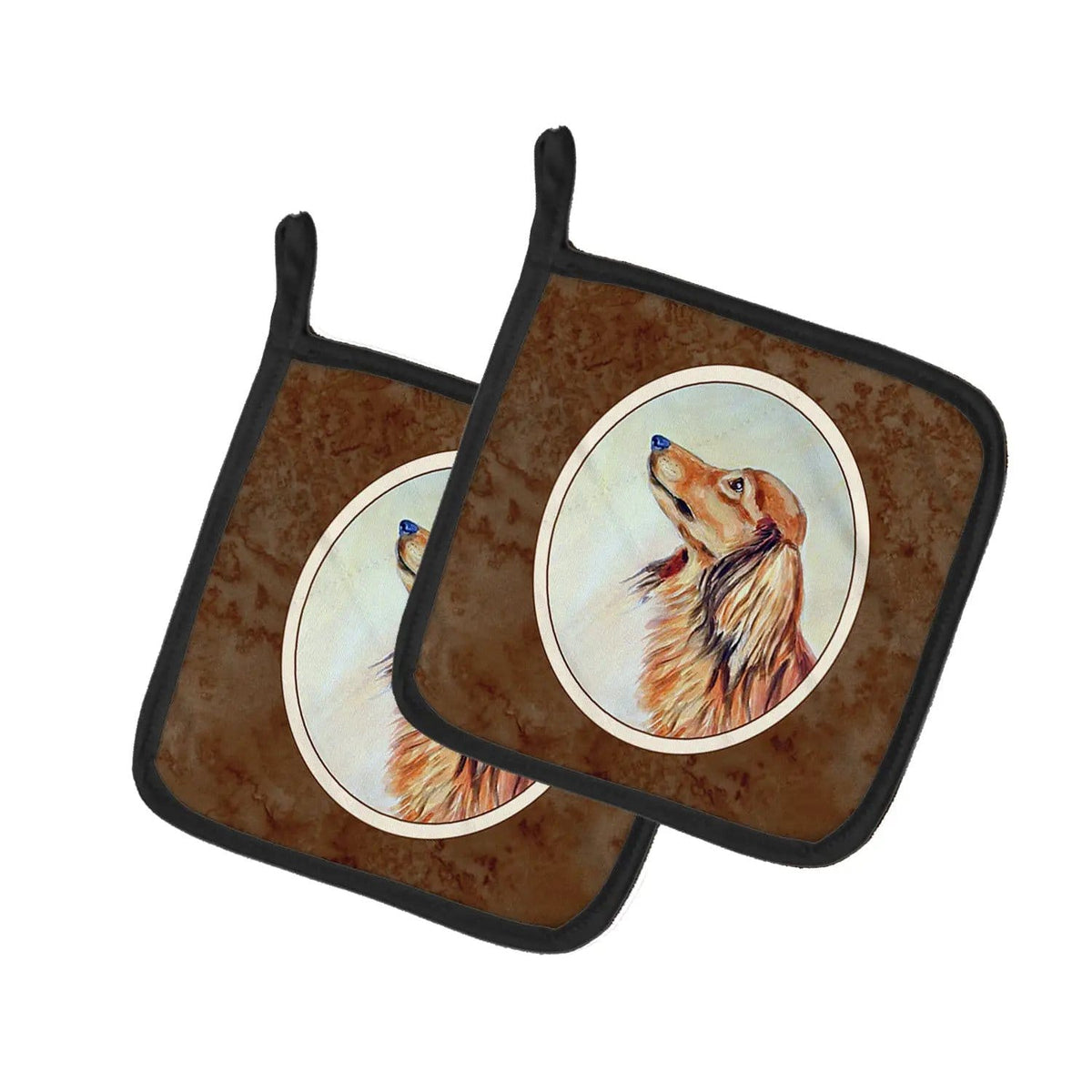 Pot Holder Set of 2 | Heat Resistant Quilted Hot Pads | 7.5 x 7.5 Inch | Long Haired Red Dachshund