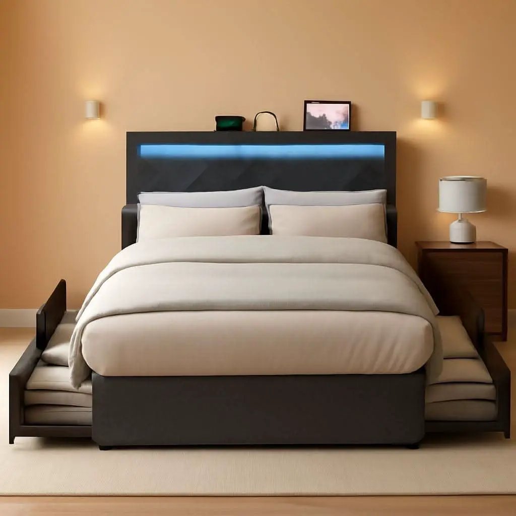 Illuminated Full Size Bed Frame With USB C Ports Headboard from PriceLows™