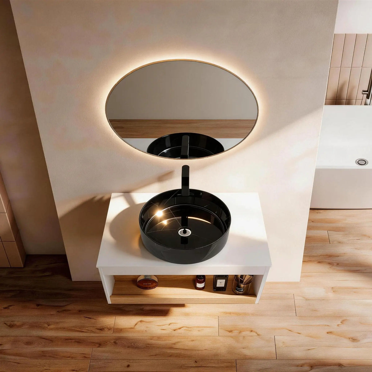 Wall Mounted Bathroom Vanity | Vessel Sink | Open Shelf Storage