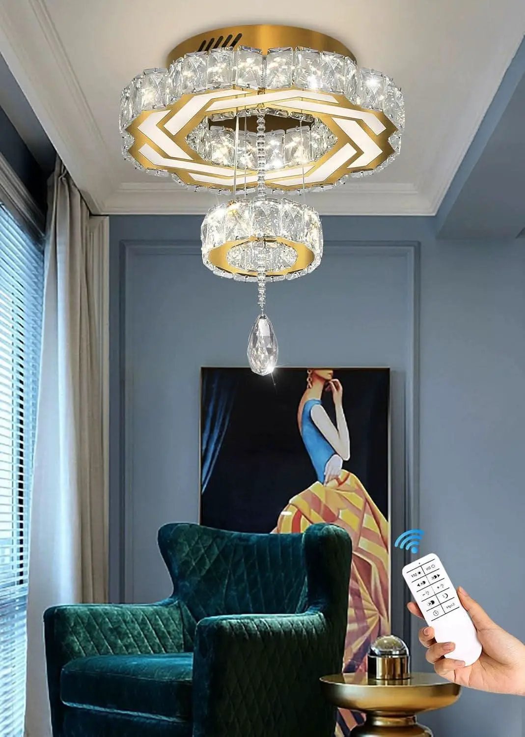 Gold Crystal Chandelier 12 Inch Dimmable Flush Mount from PriceLows™