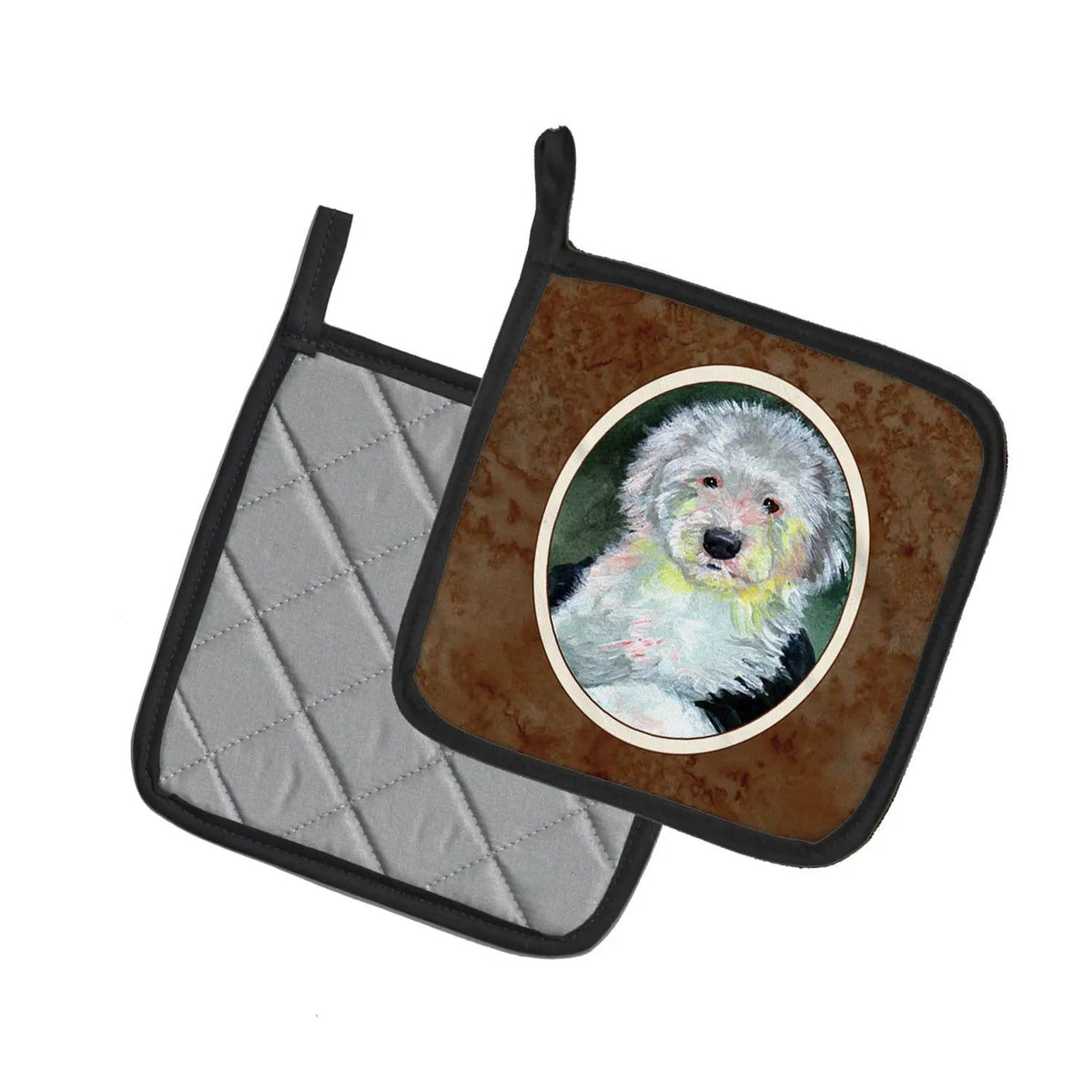 Pot Holder Set of 2 | Heat Resistant Quilted Hot Pads | 7.5 x 7.5 Inch | Old English Sheepdog
