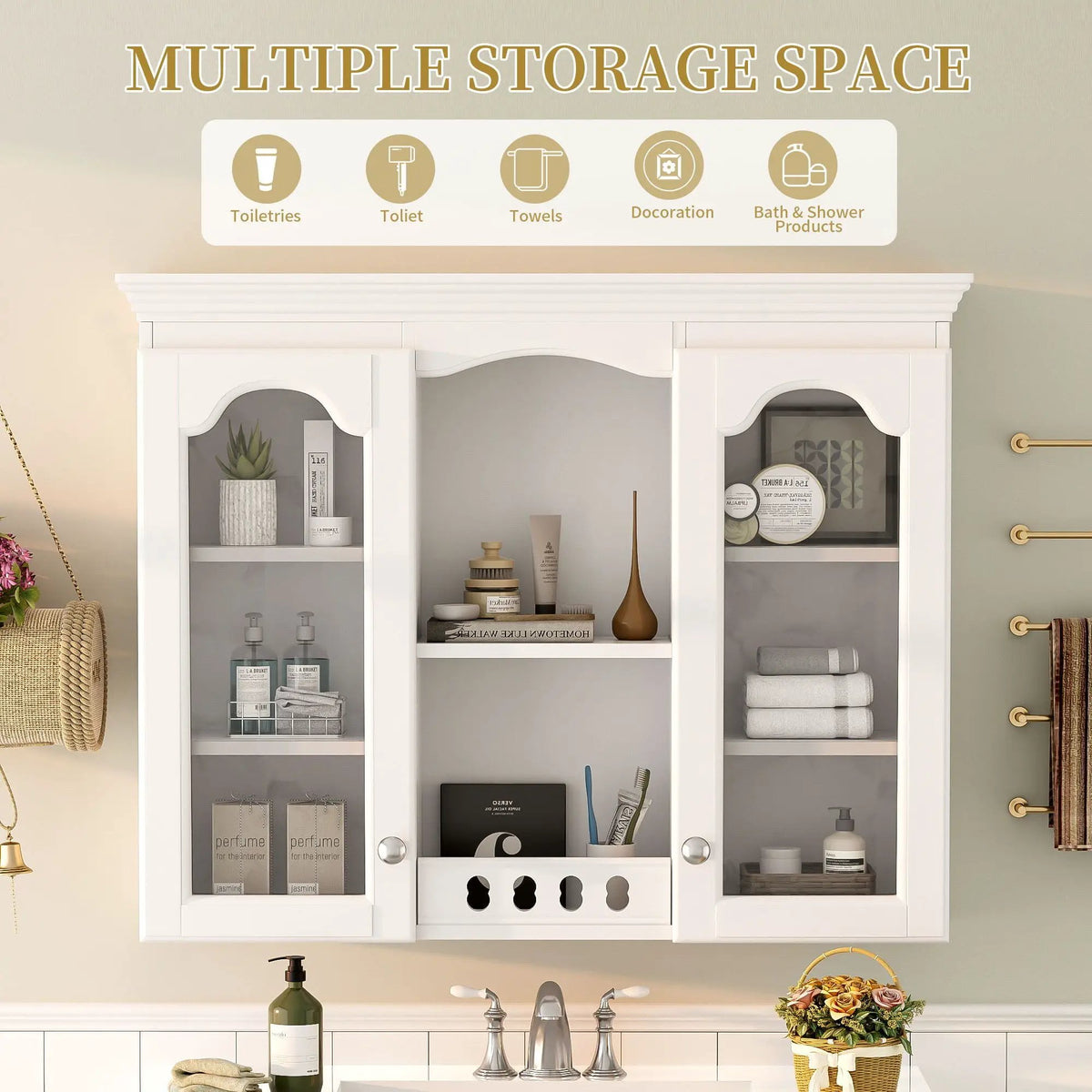 Wall-Mounted Medicine Cabinet | 2 Glass Doors | Adjustable Shelves | White