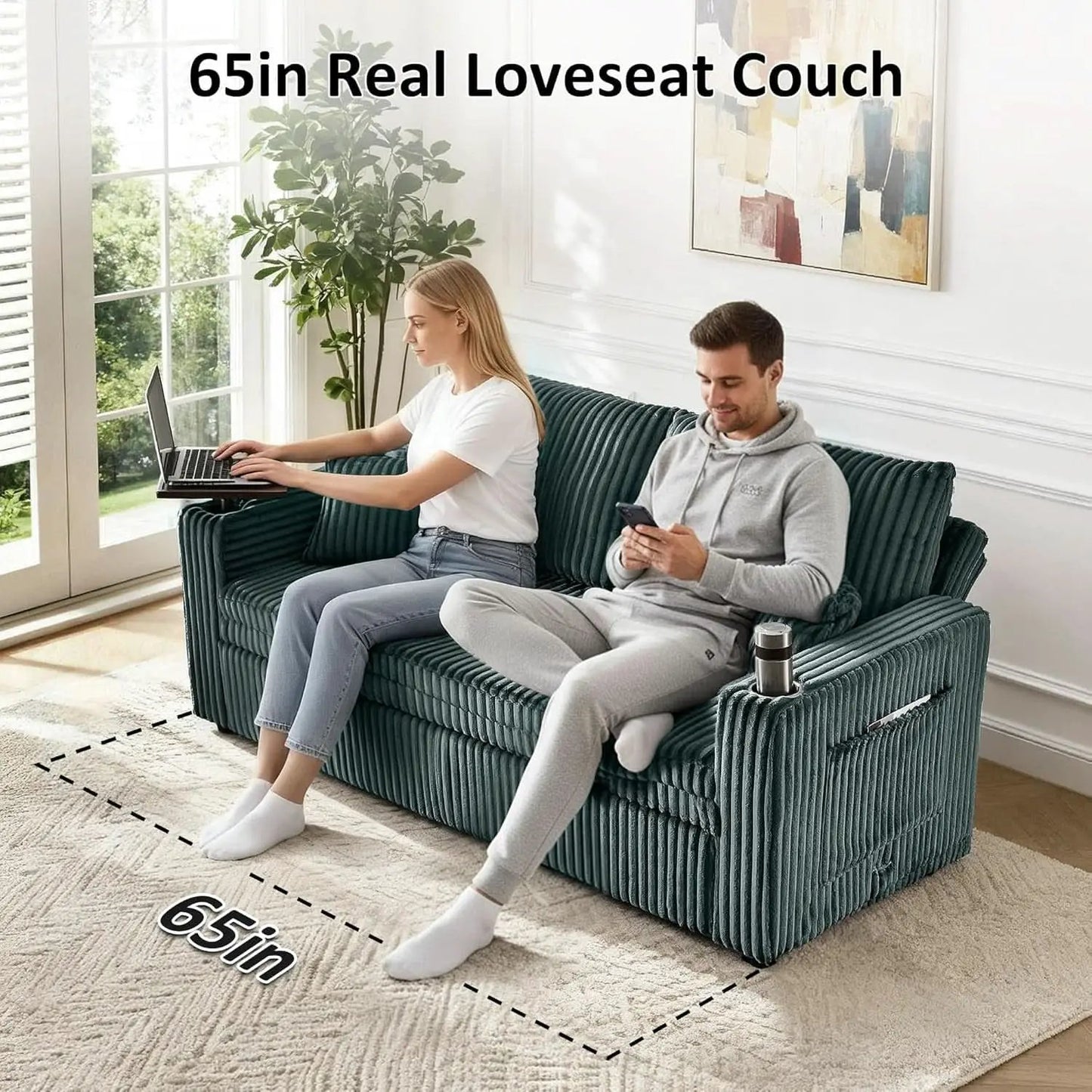 65Inch Sleeper Sofa Bed CorduroyFabric Emerald Green from PriceLows™