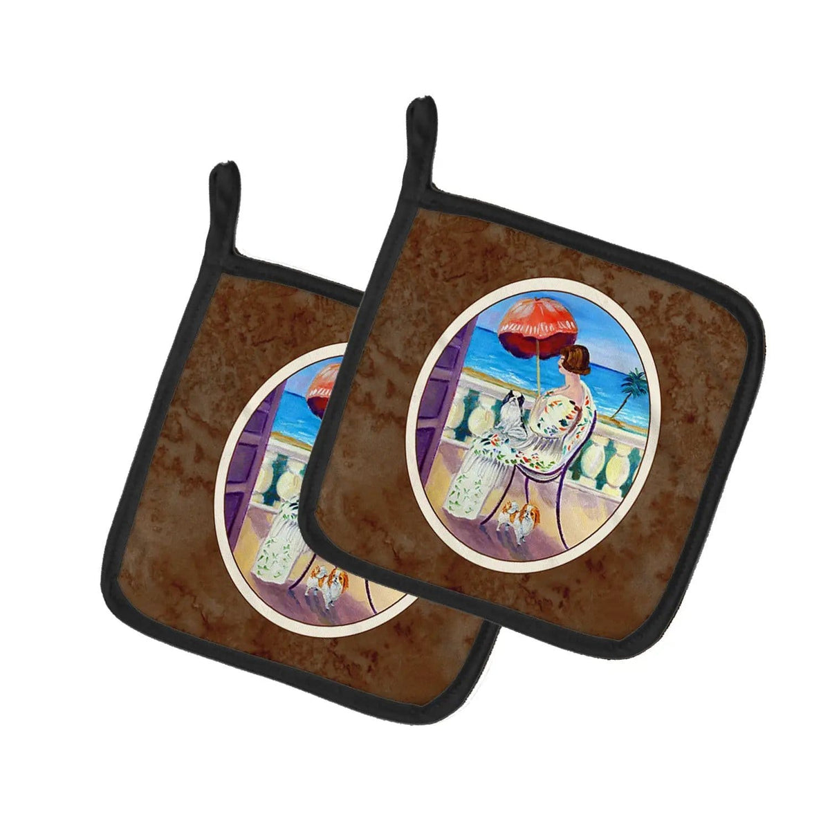 Pot Holder Set of 2 | Heat Resistant Quilted Hot Pads | 7.5 x 7.5 Inch | Lady with her Japanese Chin (Style 2)
