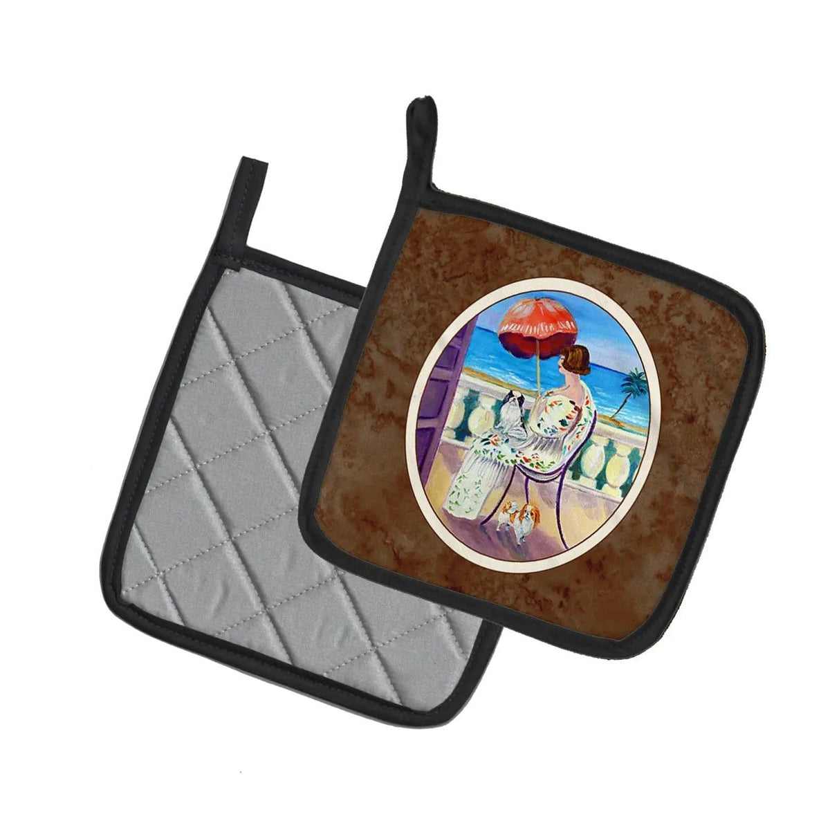 Pot Holder Set of 2 | Heat Resistant Quilted Hot Pads | 7.5 x 7.5 Inch | Lady with her Japanese Chin (Style 2)