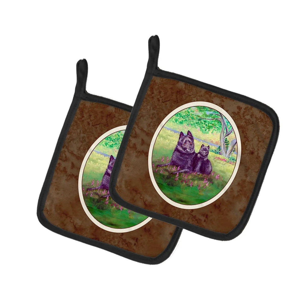 Pot Holder Set of 2 | Heat Resistant Quilted Hot Pads | 7.5 x 7.5 Inch | Schipperke and puppy