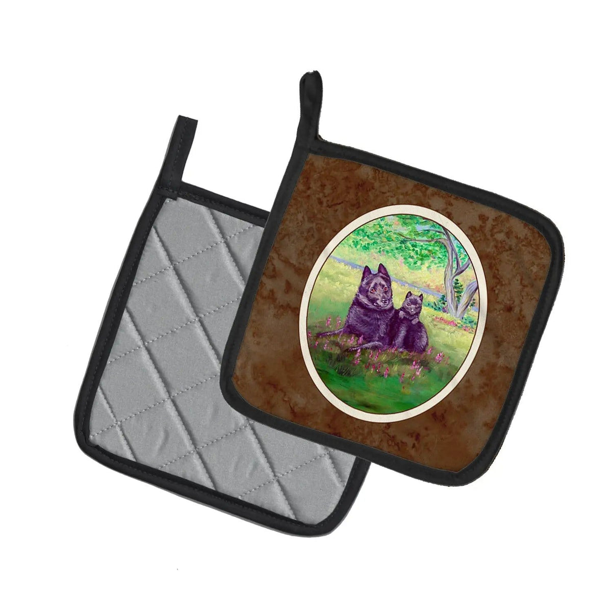 Pot Holder Set of 2 | Heat Resistant Quilted Hot Pads | 7.5 x 7.5 Inch | Schipperke and puppy