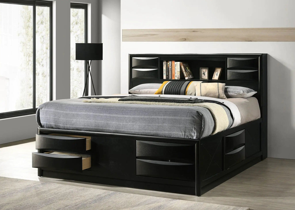 Briana Wood Eastern King Storage Bookcase Bed | 78.75 x 90.75 x 56 in | Rubberwood & Engineered Wood | Black