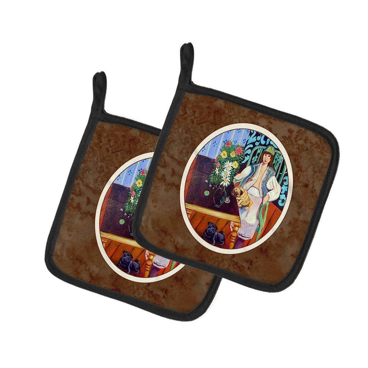 Pot Holder Set of 2 | Heat Resistant Quilted Hot Pads | 7.5 x 7.5 Inch | Lady with her Pug (Style 5)