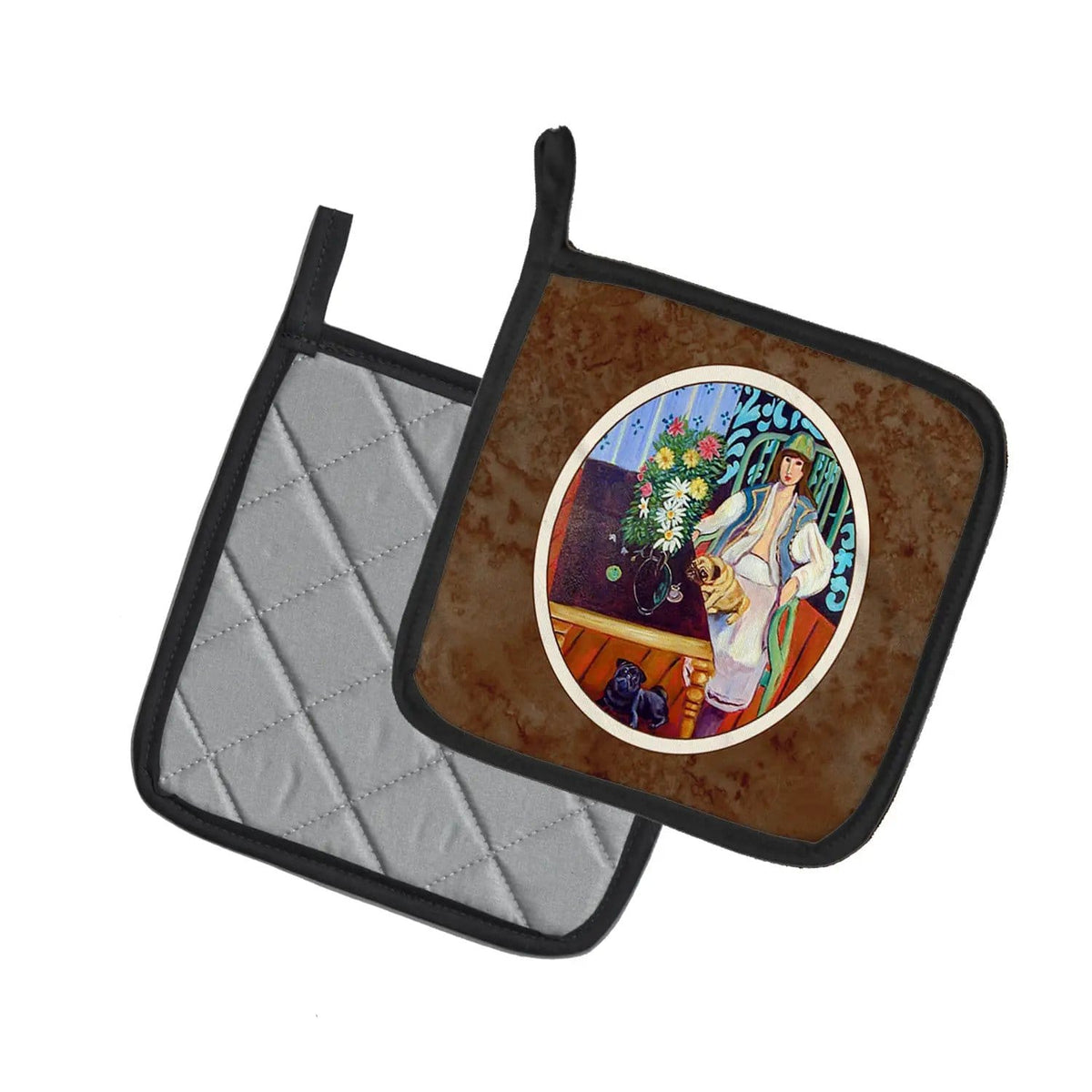 Pot Holder Set of 2 | Heat Resistant Quilted Hot Pads | 7.5 x 7.5 Inch | Lady with her Pug (Style 5)