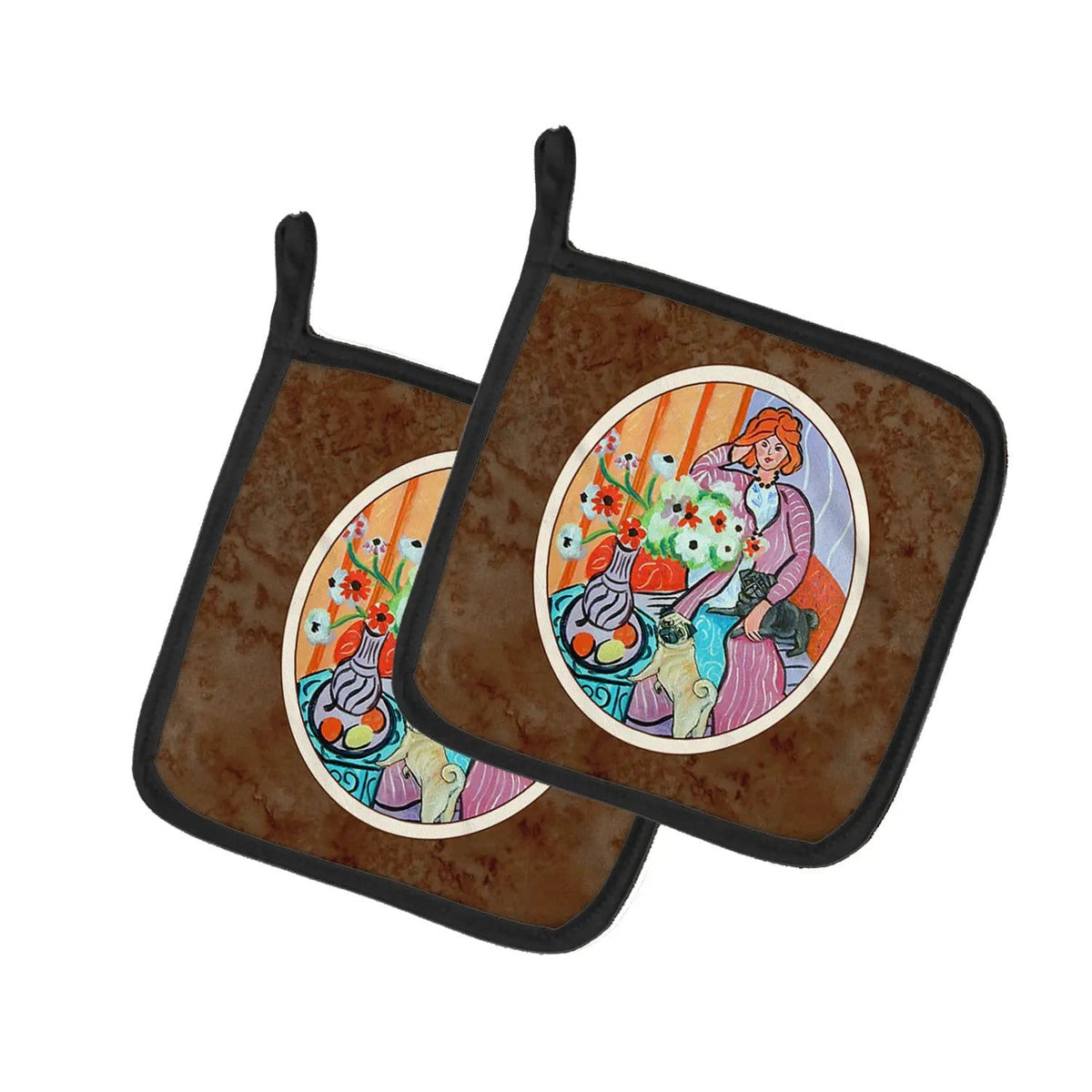 Pot Holder Set of 2 | Heat Resistant Quilted Hot Pads | 7.5 x 7.5 Inch | Lady with her Pug (Style 4)