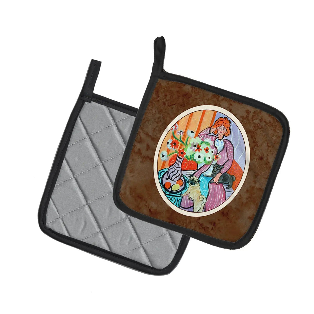 Pot Holder Set of 2 | Heat Resistant Quilted Hot Pads | 7.5 x 7.5 Inch | Lady with her Pug (Style 4)