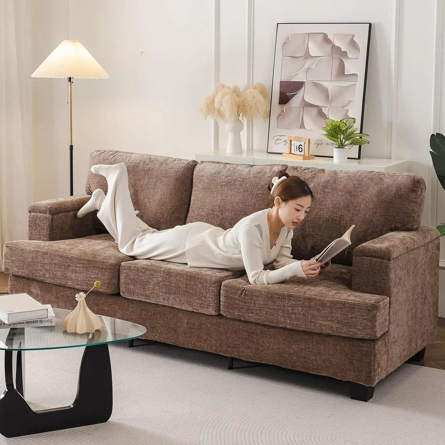 85 Inch L Shaped Couch Armrest Organizer Movable Ottoman from PriceLows™