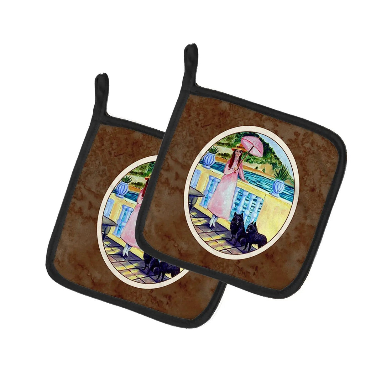 Pot Holder Set of 2 | Heat Resistant Quilted Hot Pads | 7.5 x 7.5 Inch | Lady with her Schipperke (Style 2)