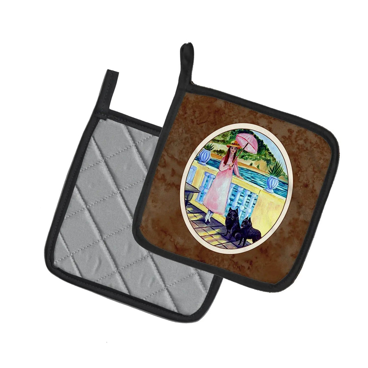 Pot Holder Set of 2 | Heat Resistant Quilted Hot Pads | 7.5 x 7.5 Inch | Lady with her Schipperke (Style 2)
