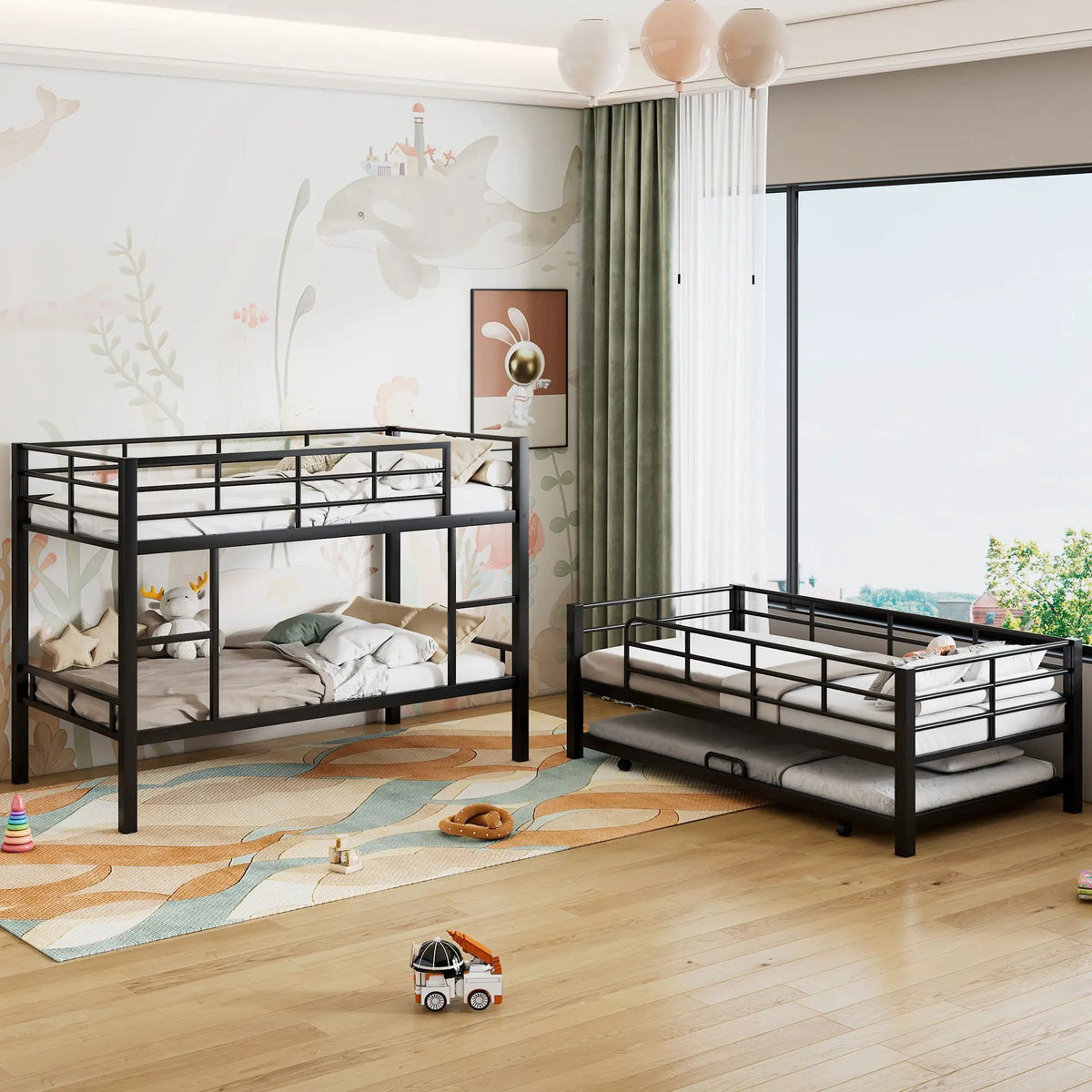 Triple Bunk Bed | Heavy Duty Steel | Built In Trundle | Full Guardrails