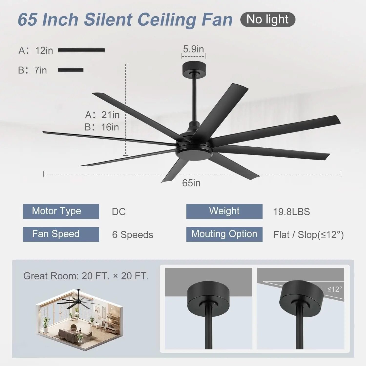 65 Inch Matte Black Ceiling Fan With Remote Quiet DC Motor from PriceLows™