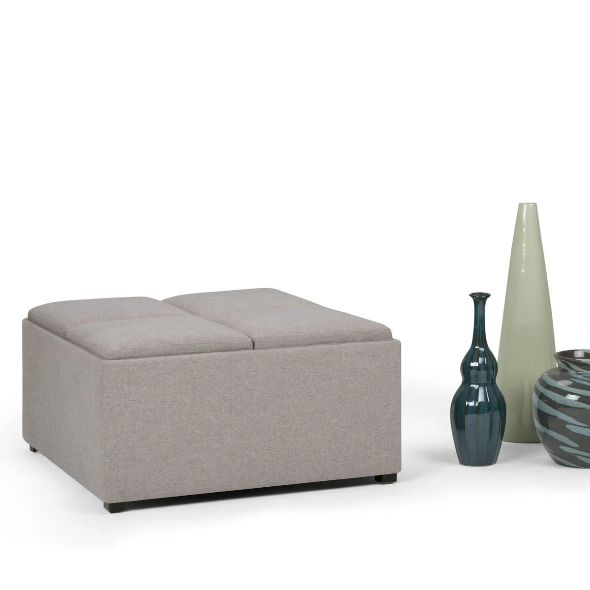 Avalon Square Storage Ottoman | Coffee Table Design | Four Flip Over Serving Trays | 35 Inch Width
