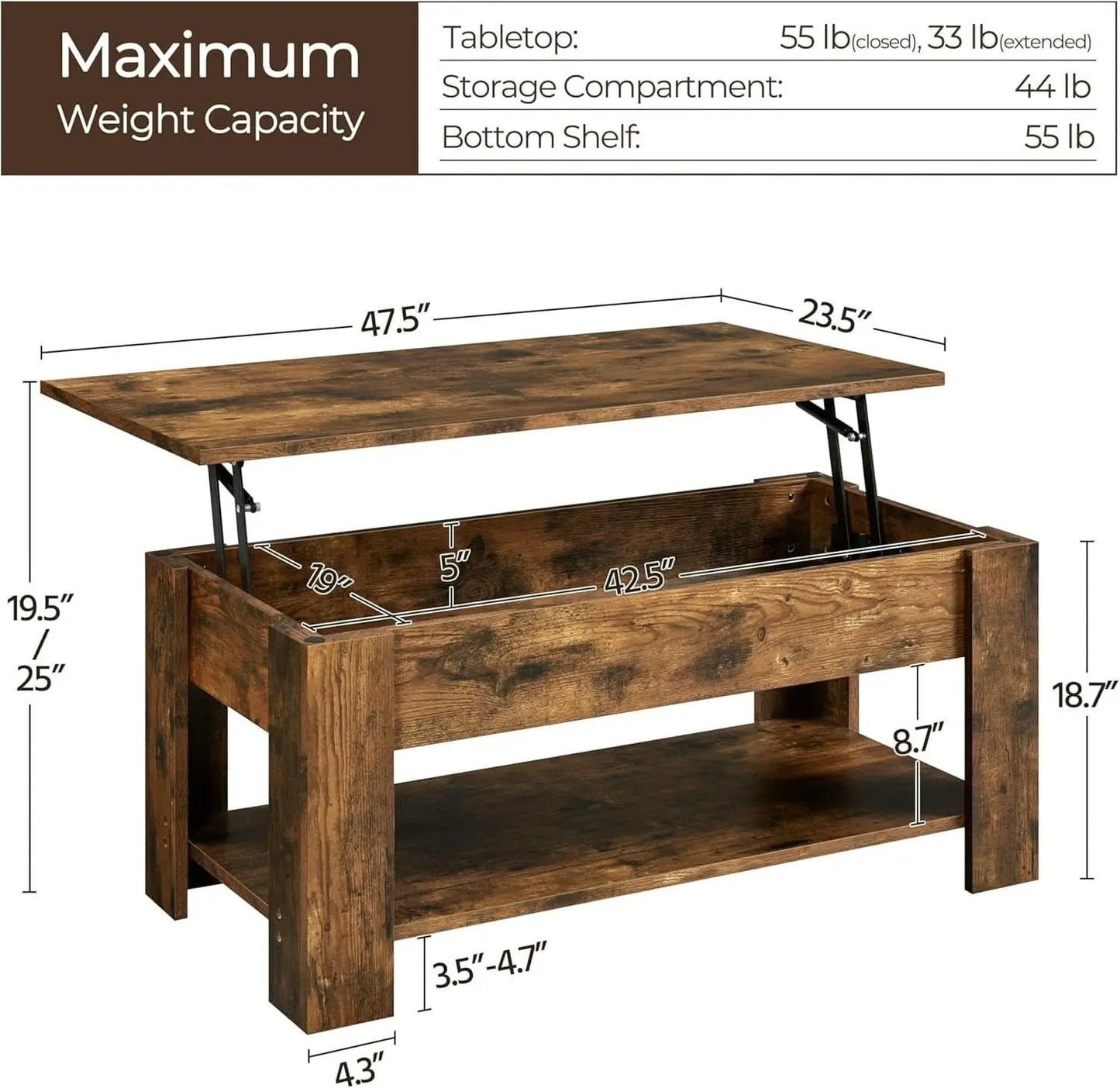 Coffee Table 47.5 Inch Lift Top With Hidden Compartment Rustic Brown from PriceLows™
