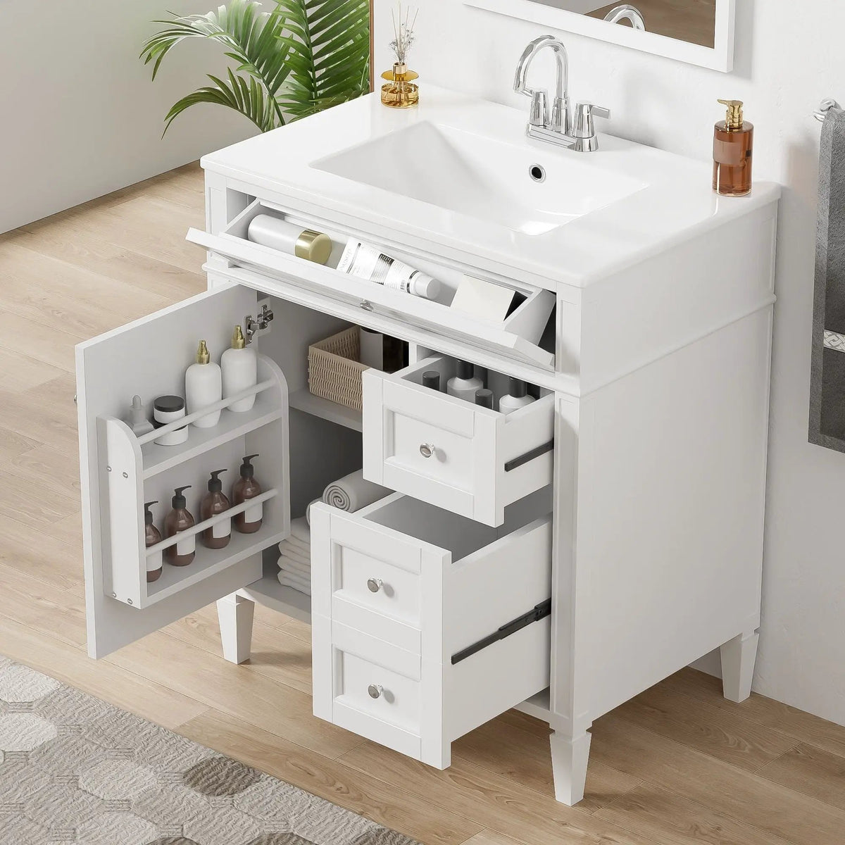 30 Inch Bathroom Vanity With Top Sink | 2 Drawers | Tip-Out Drawer | Vintage-Inspired Handles