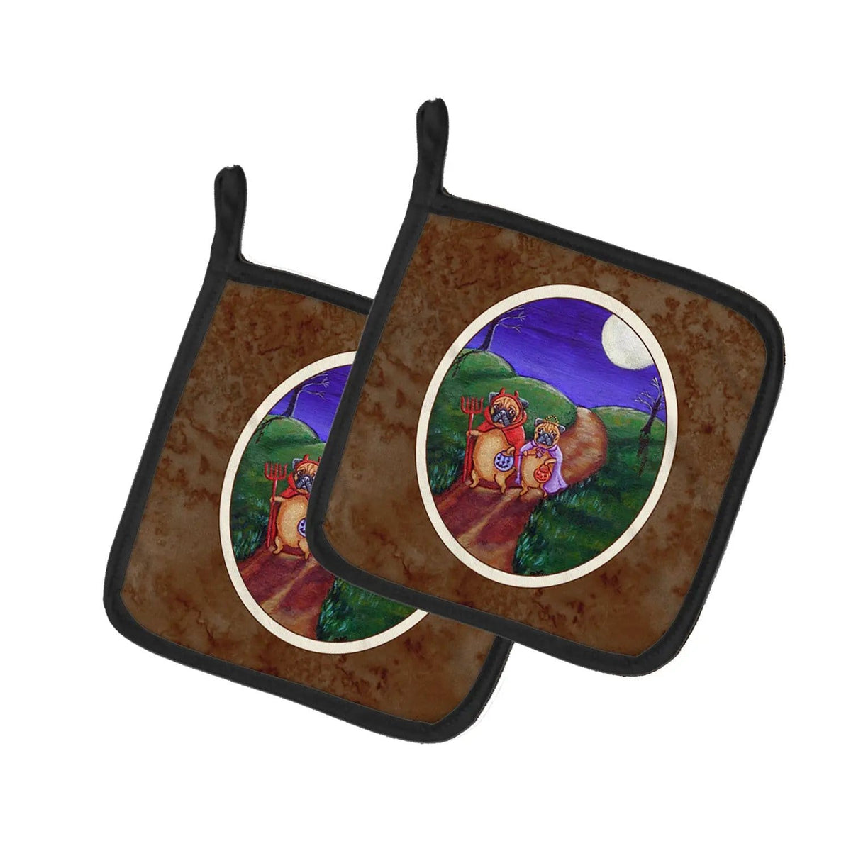 Pot Holder Set of 2 | Heat Resistant Quilted Hot Pads | 7.5 x 7.5 Inch | Trick or Treat Halloween Pug